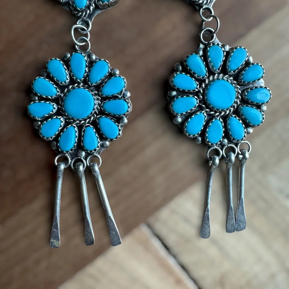 Vintage Zuni Hook Dangle Earrings 3.4 Inch Blue Turquoise 925 Sterling 12.5g
